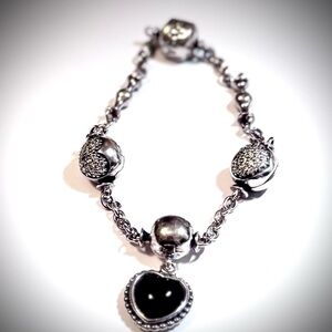 Pandora Silver Bracelet with Black Heart Charm and 2 Stone Heart Clip Charms